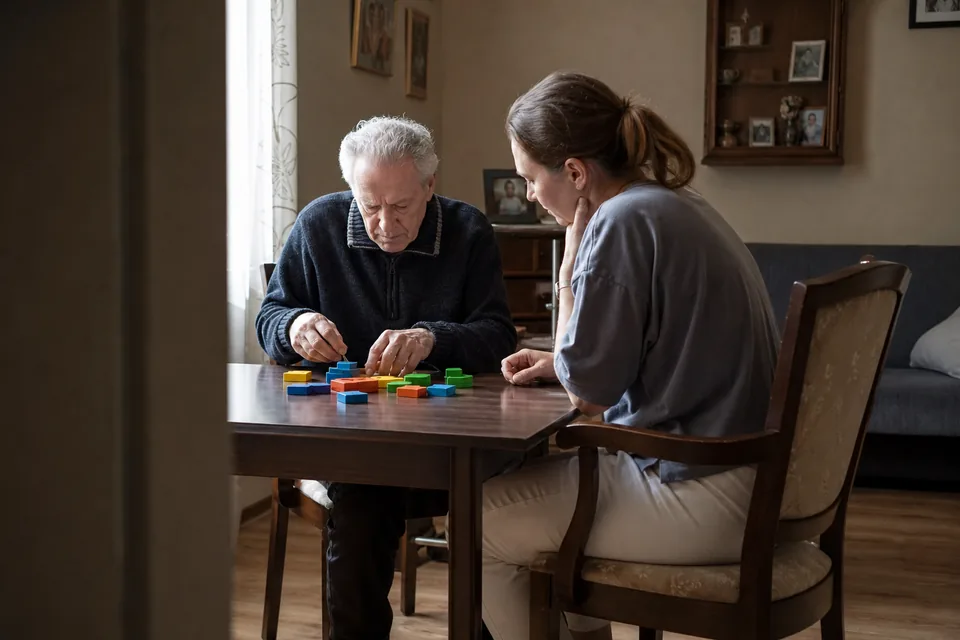 Senior z chorobą Alzheimera układa klocki przy stole z opiekunką we wspólnej sali domu opieki