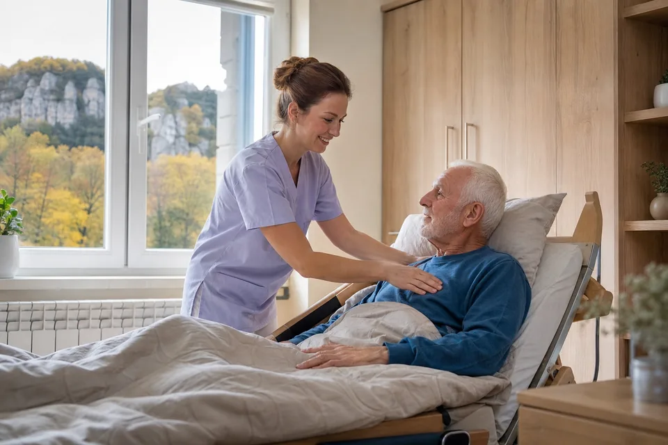 Opiekunka pomaga seniorowi usiąść na łóżku rehabilitacyjnym w jednoosobowym pokoju domu opieki