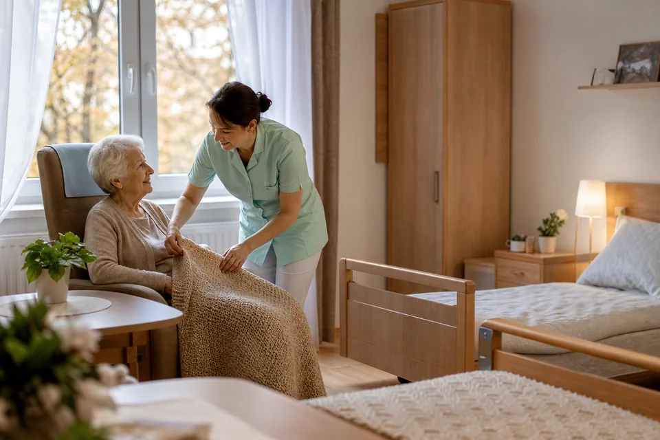Pokój dwuosobowy w prywatnym domu opieki, opiekunka poprawia koc seniorce siedzącej przy oknie